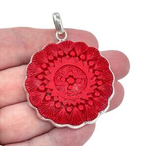 Carved Red Coral Pendant | Floral Pattern | Sterling Silver 925
